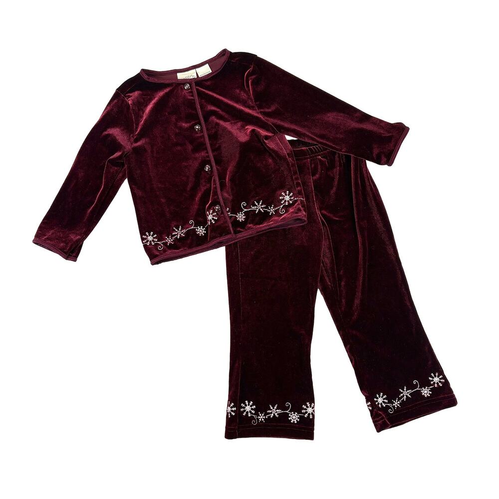 Heirlooms Polly Flinders VTG Girls 2T Burgundy Velvet Snowflake Holiday Set